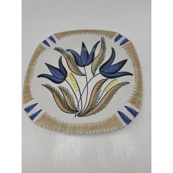 Vintage Ashtray, Scandinavian Mid Century Pottery, Blue Tulips - Picture 2 of 3